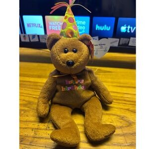 Ty Beanie Babies Happy Birthday Bear Kids OS Brown Party Hat 2008
